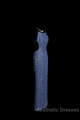 Vintage Mermaid Boat Neck Blue Sequin Backless Evening Prom Gown Fairy Evening Prom Dresses